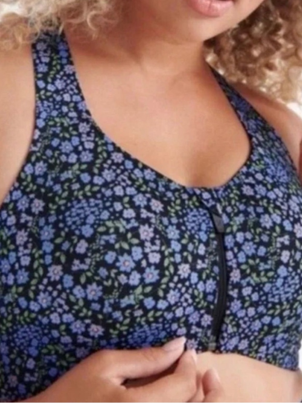 knix Floral Front-Zip Sports Bra in Navy and Lavender 8+